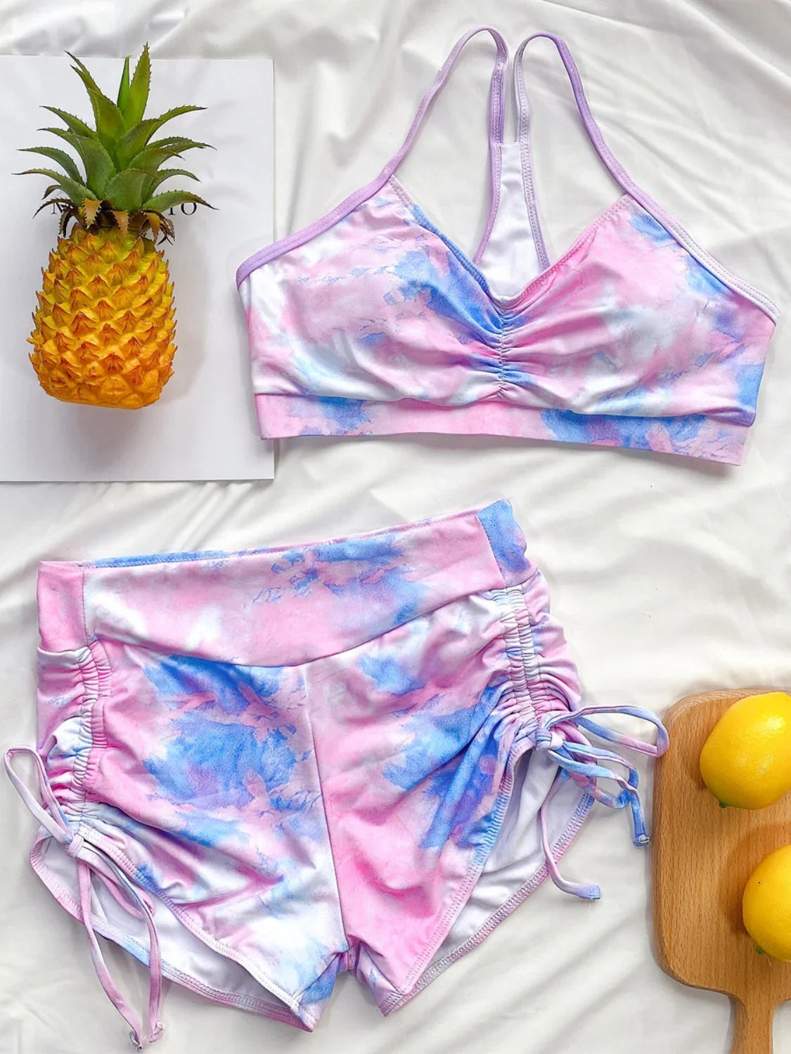 Tie-Dye Spaghetti Strap Top and Drawstring Shorts Swim Set