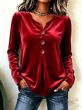 Elegant V-Neck Long Sleeve Blouse in red velvet with decorative buttons for a stylish look.