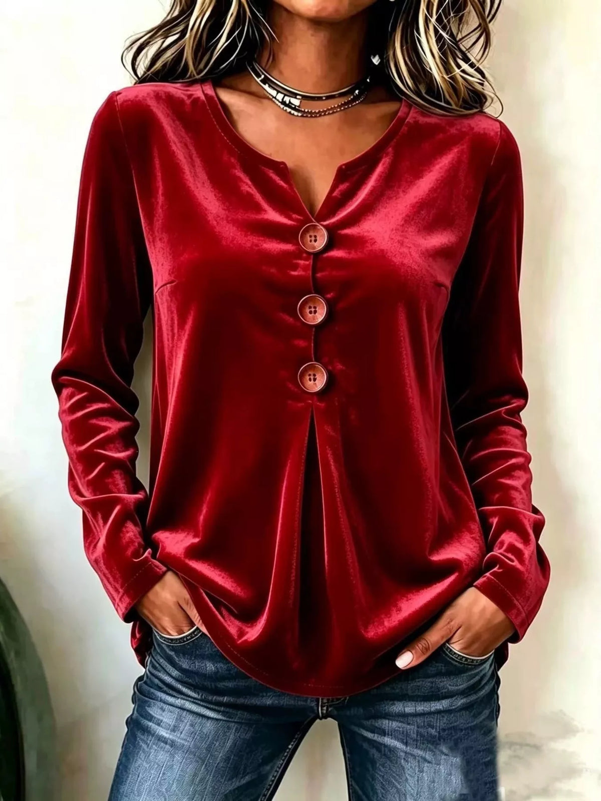 Elegant V-Neck Long Sleeve Blouse in red velvet with decorative buttons for a stylish look.