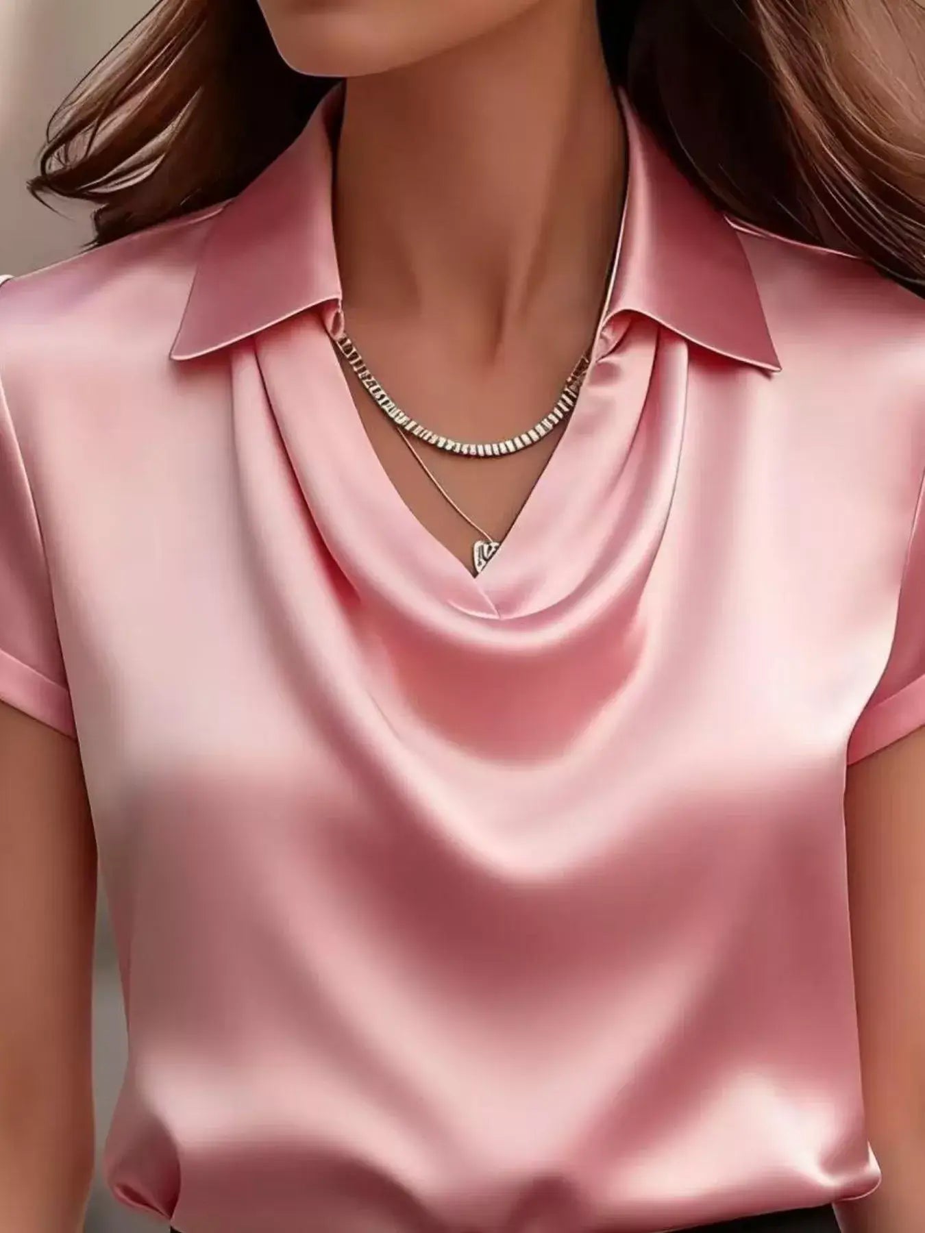 Plus Size Elegant Clothing - Shimmery Blouse Size Inclusive (S to 5XL) featuring a silky pink cowl-neck design.