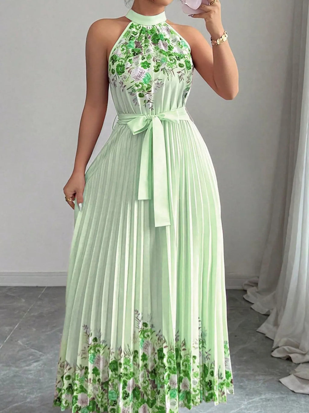 Summer Maxi Dress - Halter Neck Floral Print Pleated in soft green, perfect for warm weather and stylish outings.