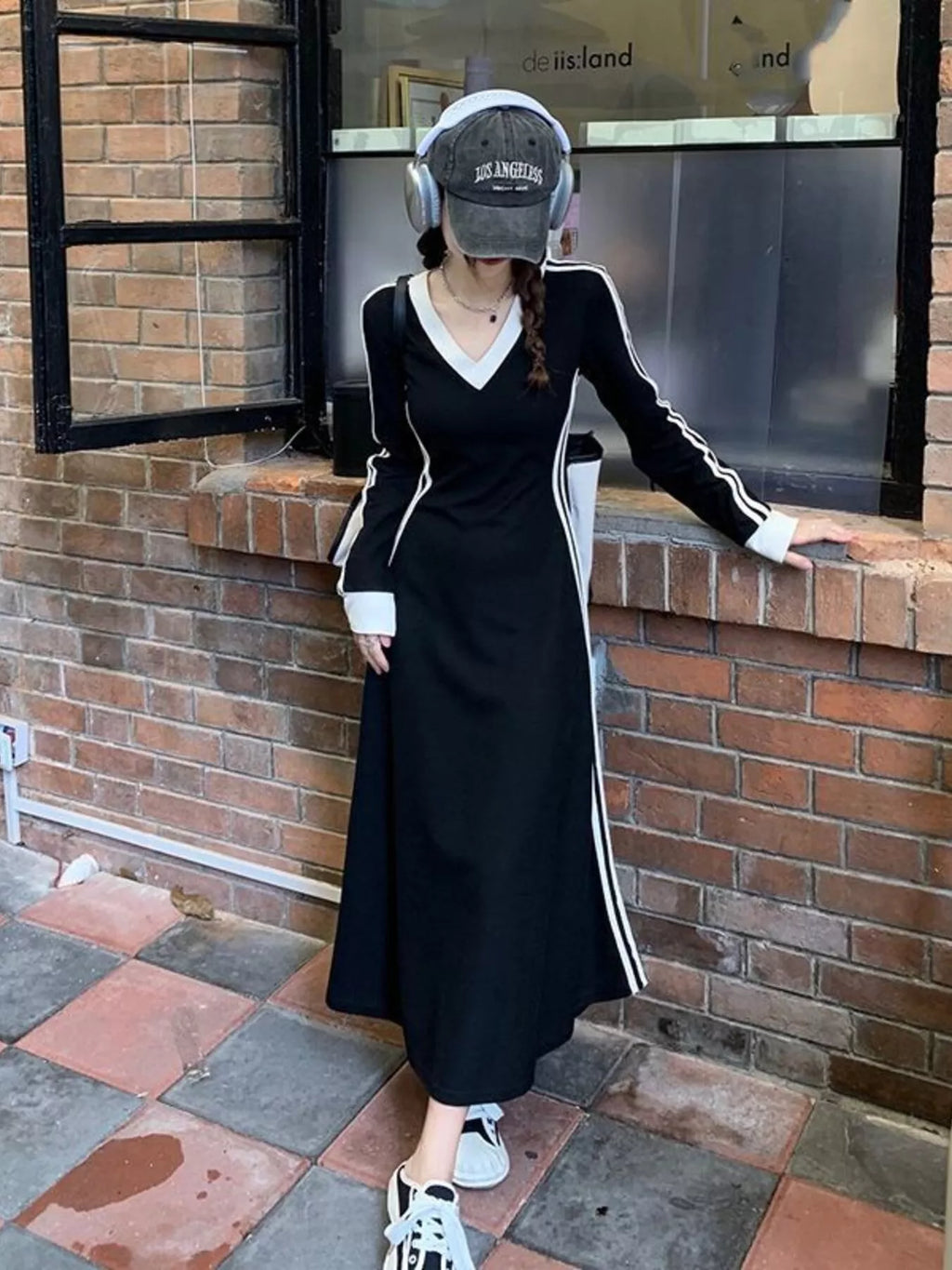Long Sleeve Plus Size Dress V-Neck Long Sleeve Bodycon Midi Dress with Side Stripes worn by a model in a casual setting.