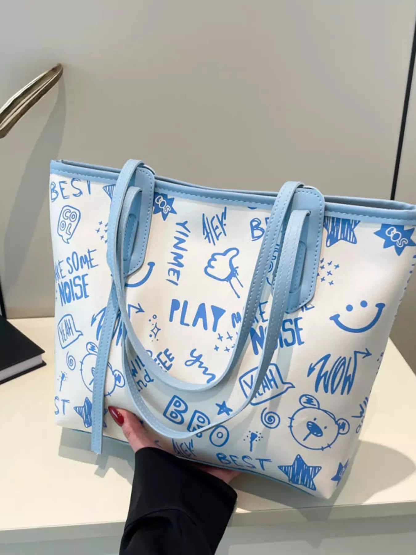 Graffiti Print Tote Bag – Large Canvas Shoulder Bag for Women with colorful street art design