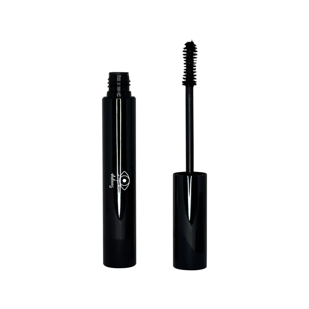 Water-resistant mascara tube with brush cap showcasing its sleek design for defined, long-lasting lashes.