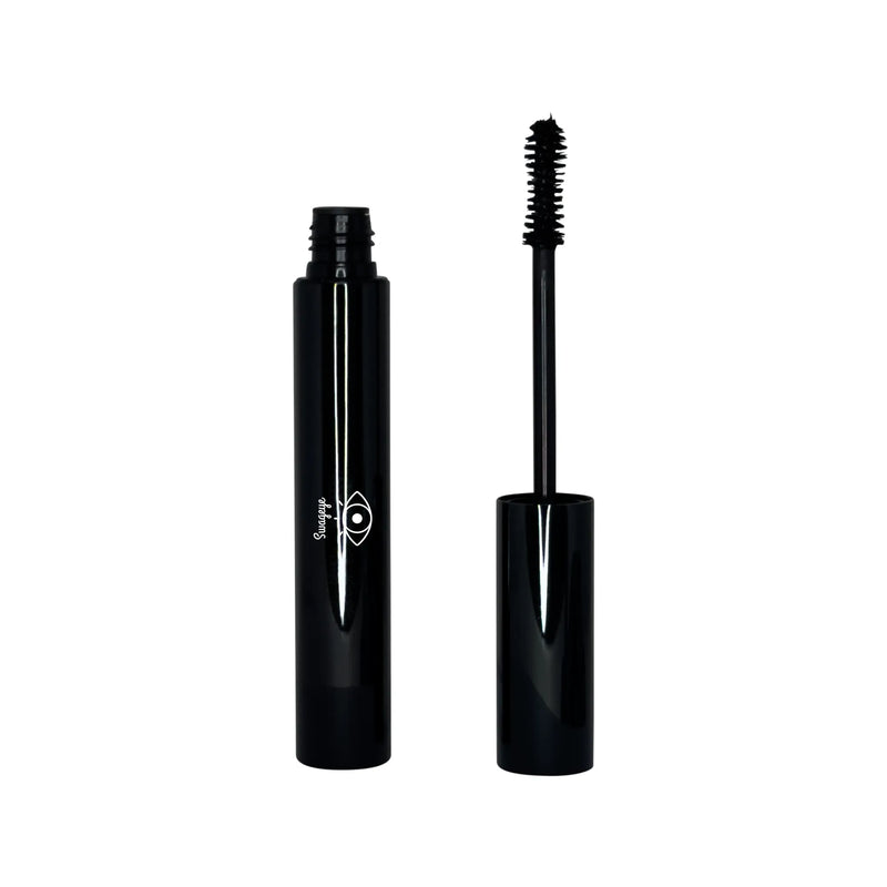 Water-resistant mascara tube with brush cap showcasing its sleek design for defined, long-lasting lashes.