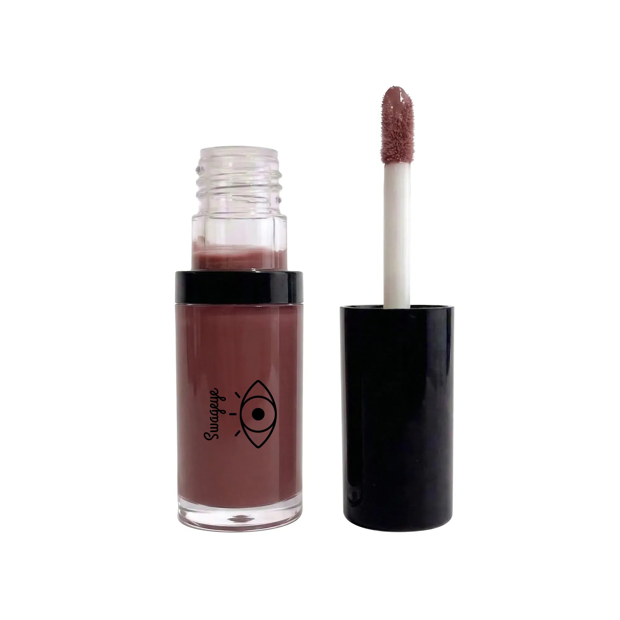 Rosewood Hydrating lip oil in a clear bottle with a black cap and applicator wand, showcasing a soft pink shade.