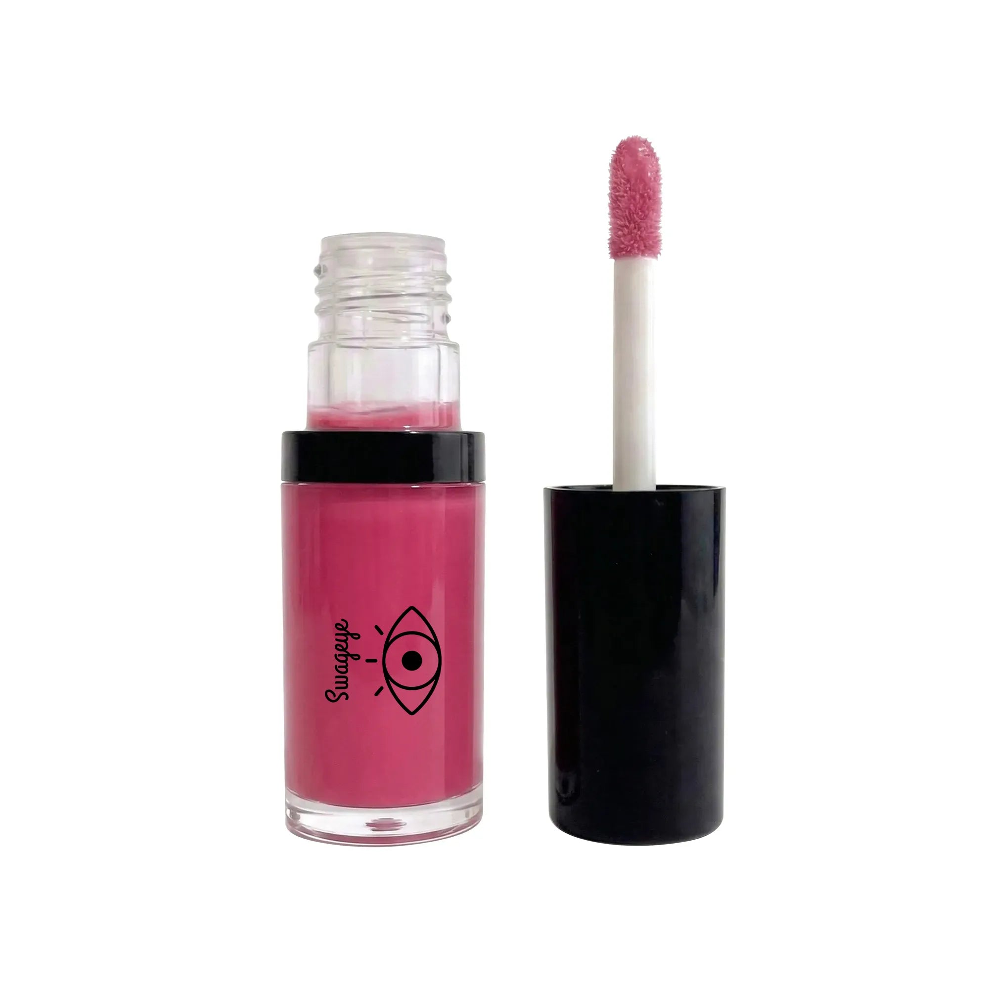 Hydrating lip oil in a sleek bottle with applicator, showcasing a sheer hot pink shade for hydration and shine.