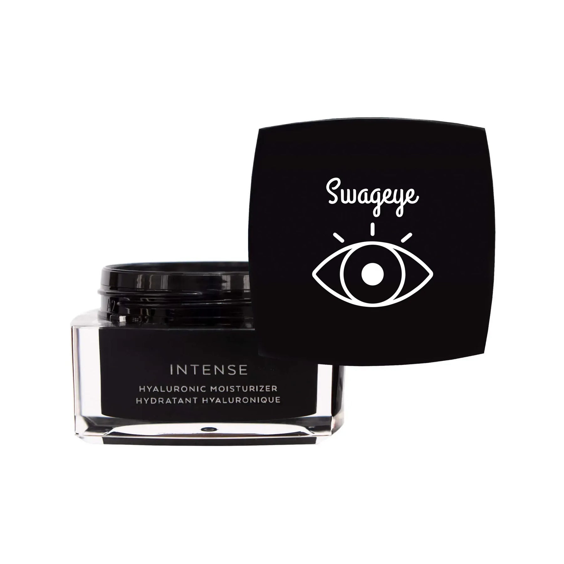 Hyaluronic moisturizer for dry skin in a sleek jar with a black lid featuring Swageye logo.