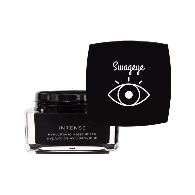 Hyaluronic moisturizer for dry skin in a sleek jar with a black lid featuring Swageye logo.