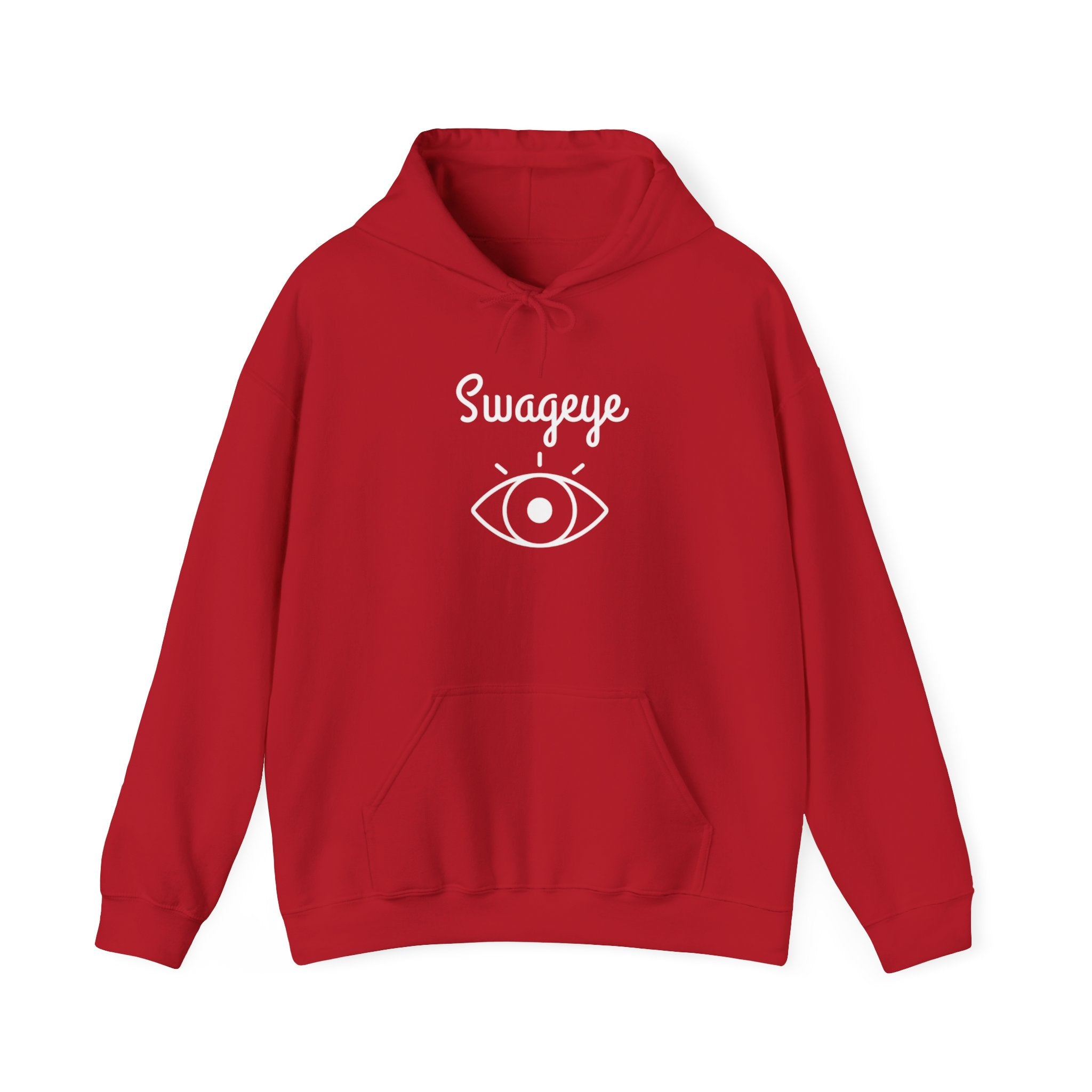 Red Swageye hoodie with white logo eye design and spacious kangaroo pocket.