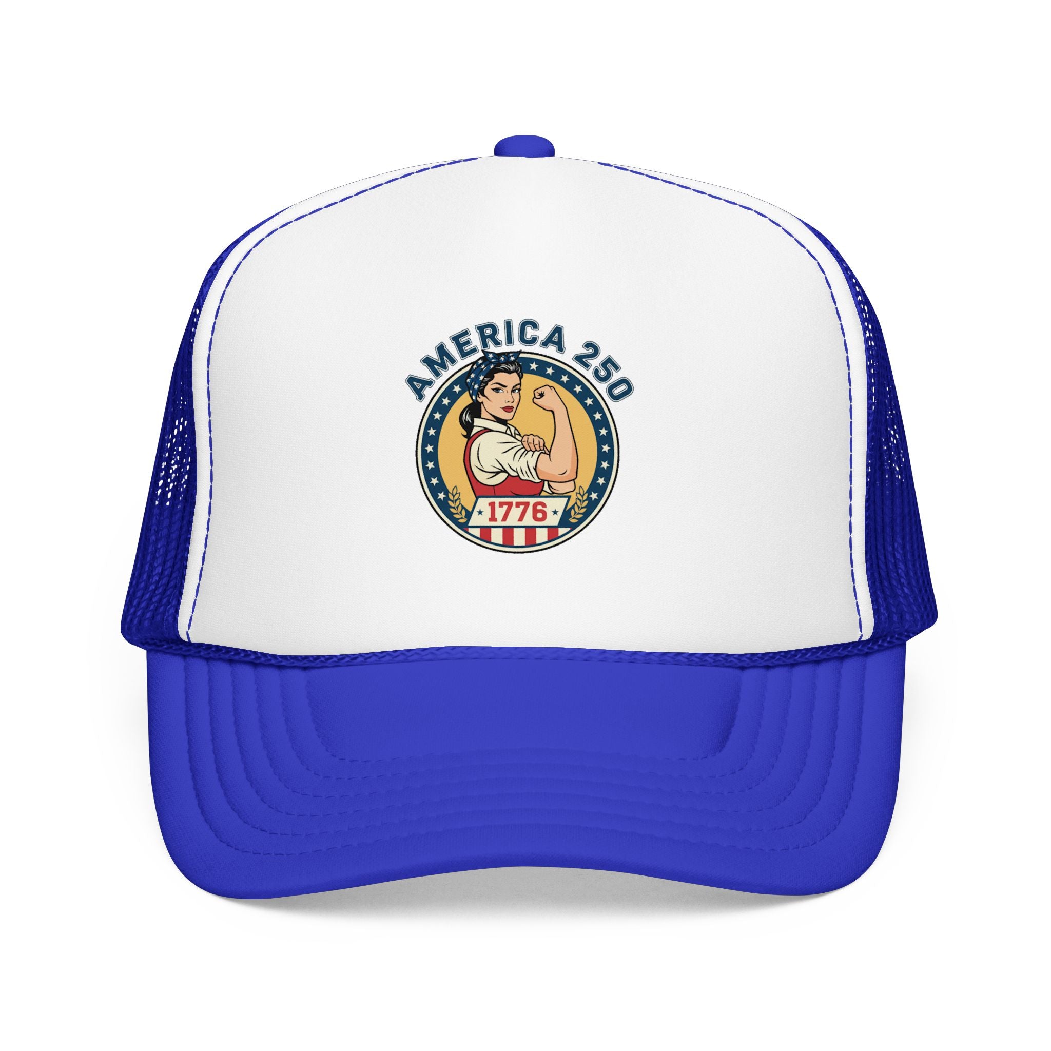 America 250 trucker hat featuring a vintage-style emblem celebrating 1776 with patriotic colors.