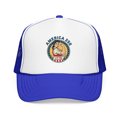 America 250 trucker hat featuring a vintage-style emblem celebrating 1776 with patriotic colors.