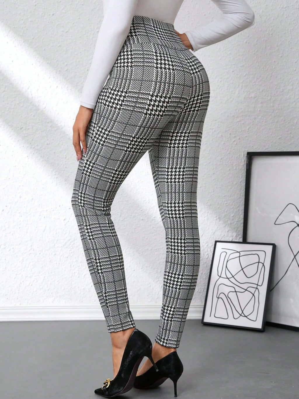 High Waist Plaid Slim Fit Pants showcased from the back, highlighting their stylish design and comfortable fit.