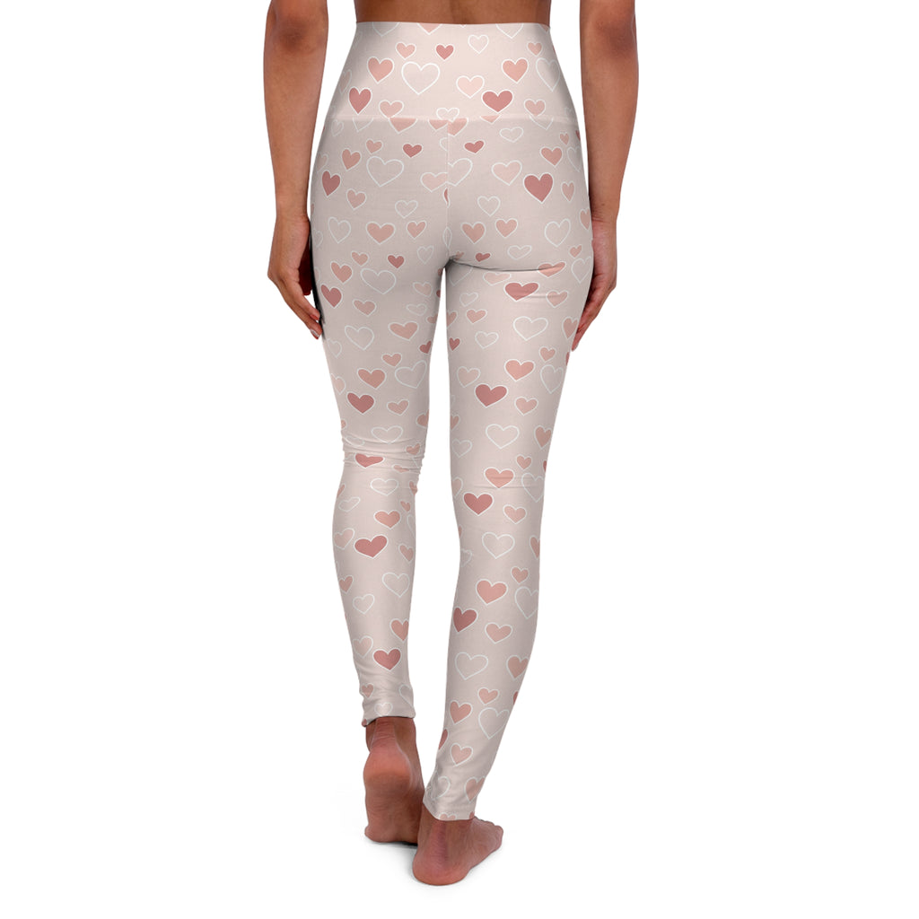 Back view of high waisted yoga leggings Valentine's heart design featuring a soft hearted print.