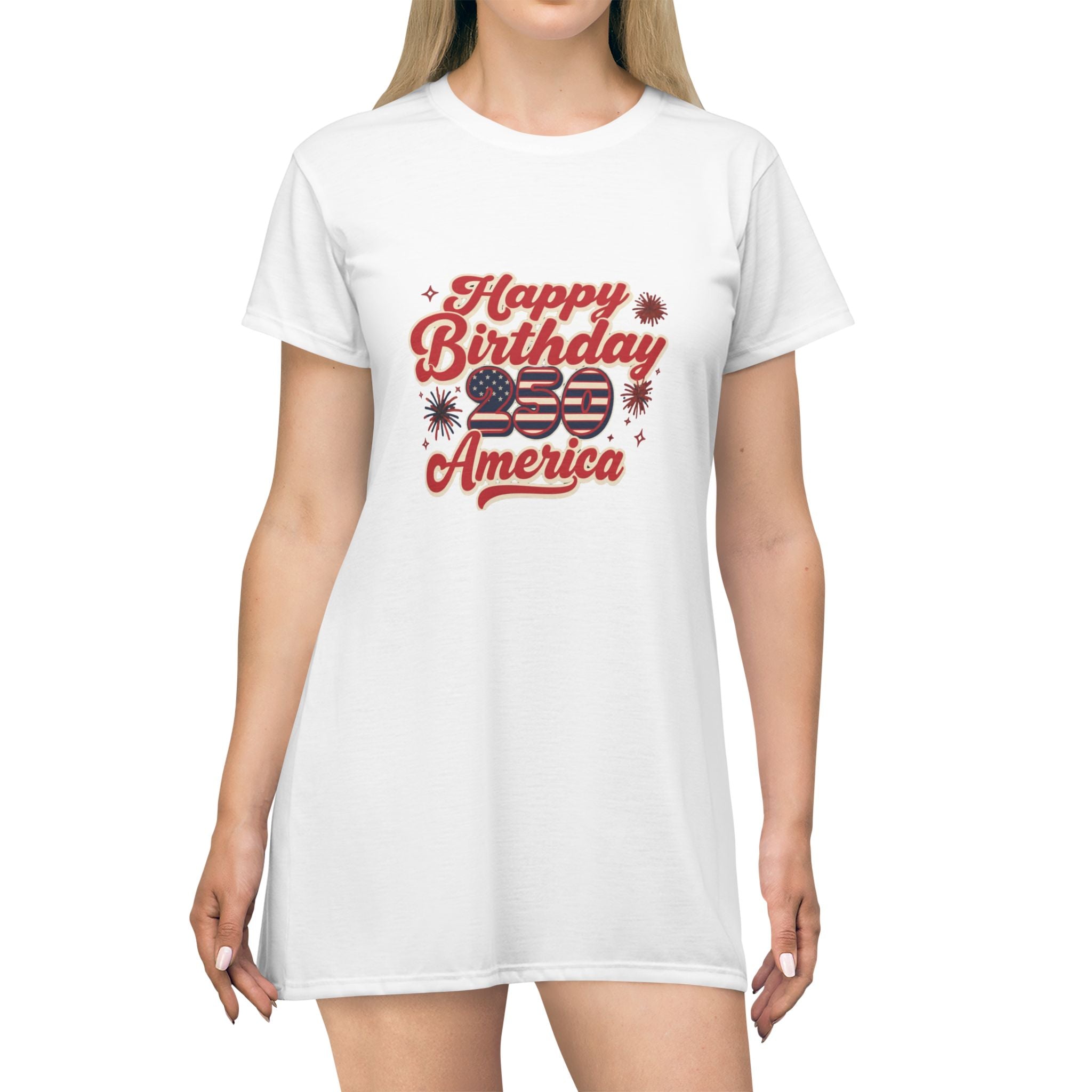 Happy Birthday 250 America Patriotic T-Shirt Dress on a model, featuring a festive graphic design.