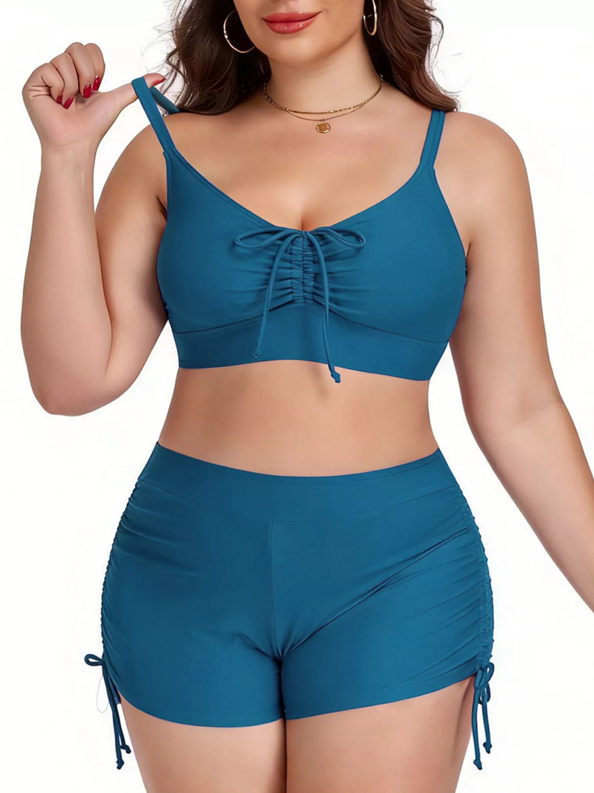 Plus size bathing suit ruched drawstring two-piece set in teal with removable padding and stretchy fabric.