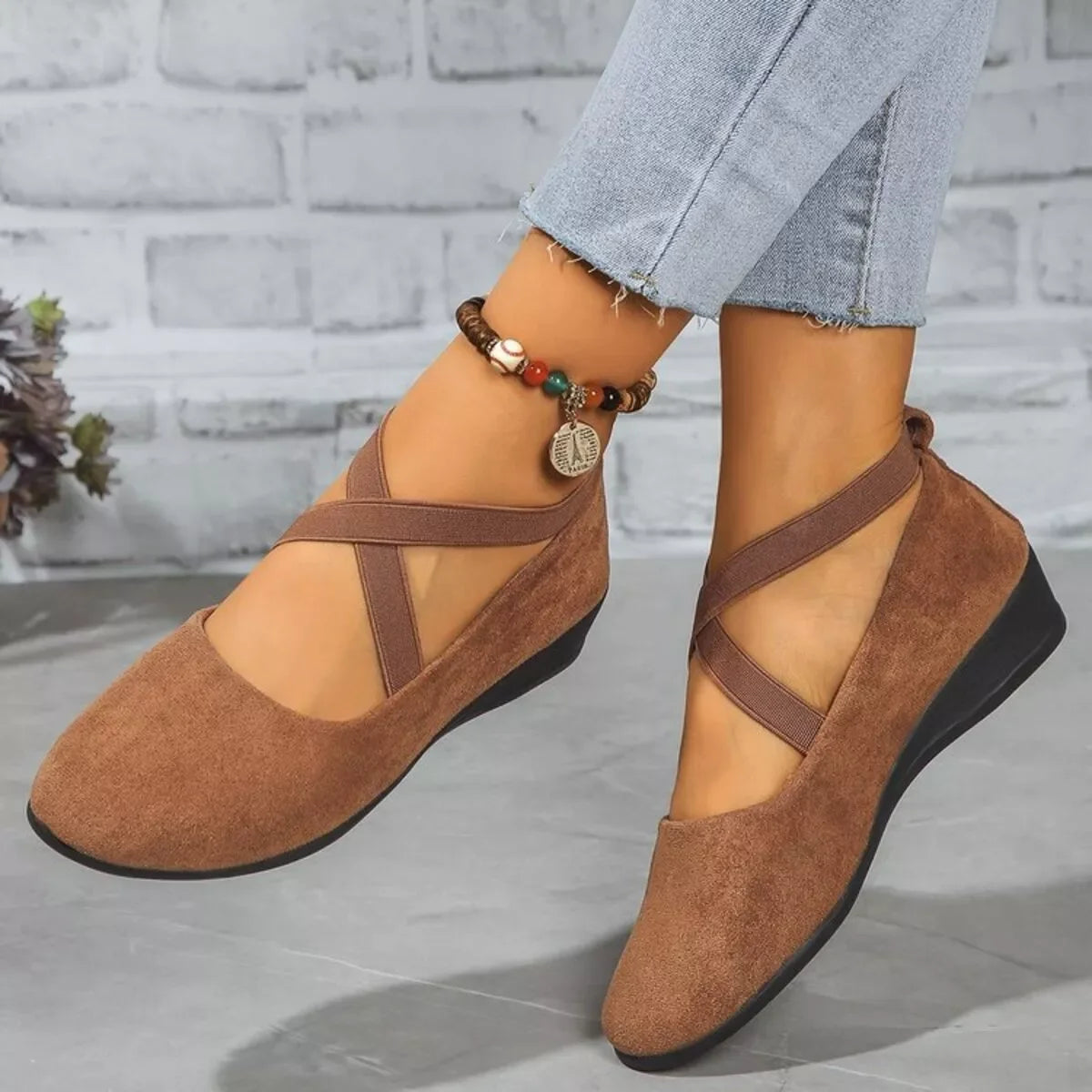 Round Toe Wedge Loafers in brown with cross strap detail, perfect for stylish comfort.
