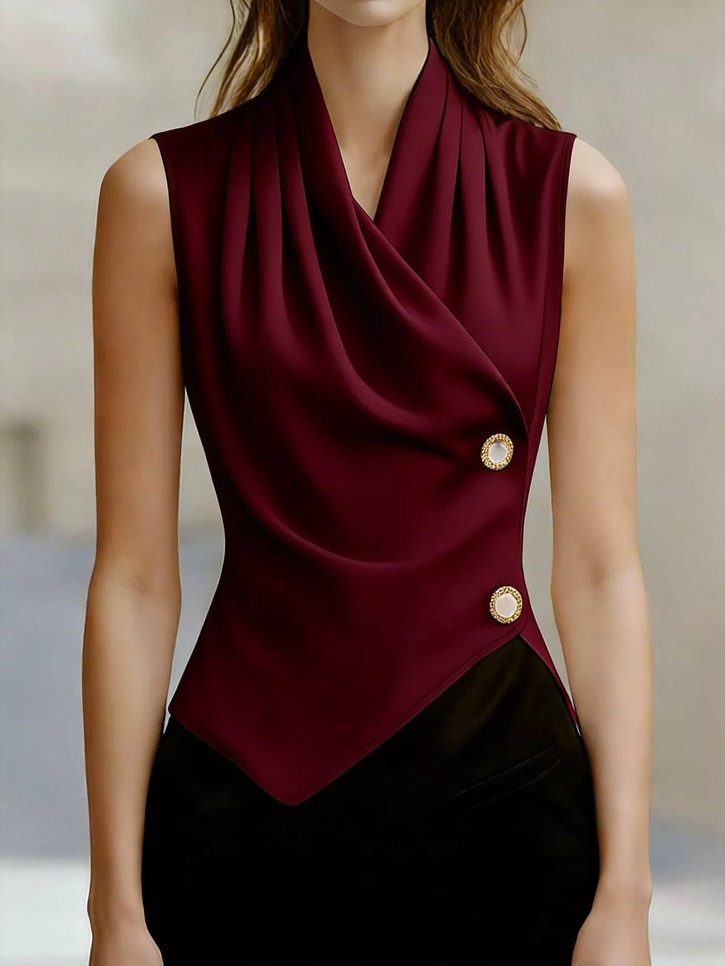 Asymmetrical tank top in burgundy color with draped design and decorative buttons.