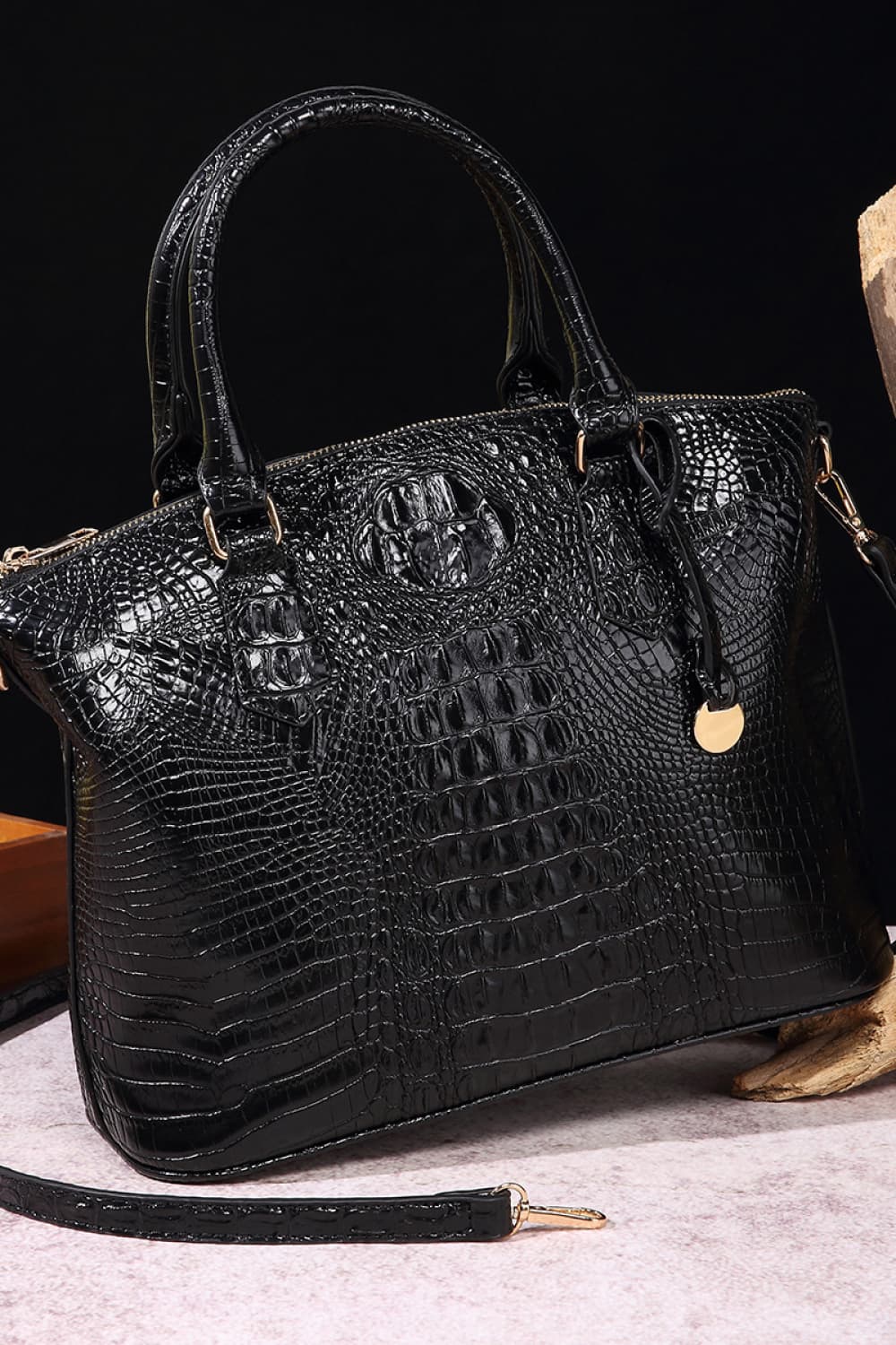PU Leather Handbag (Medium) | Everyday Shoulder Bag in sleek black crocodile texture.