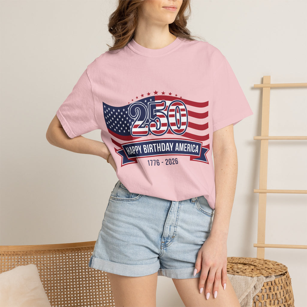 Red White and Blue shirt "250 Happy Birthday America 1776-2026" Patriotic Tee worn by a model with casual shorts.