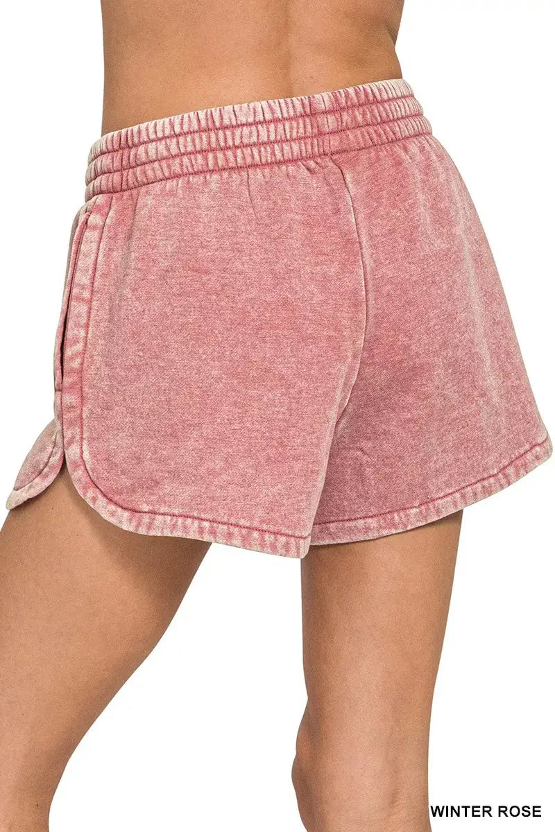 Acid Washed Dolphin Shorts in Winter Rose showing back view with elastic waistband and trendy style.