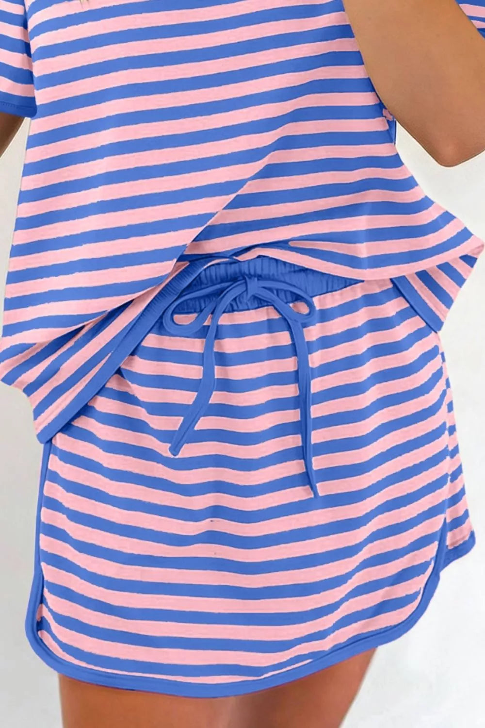 Short Sleeve Tee and Shorts Set in pink and blue stripes, featuring a stylish drawstring for customizable fit.