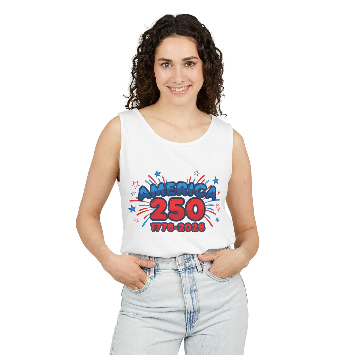 250th Anniversary Apparel — 1776–2026 Patriotic Tank Top worn by a woman, featuring bold colors and fun graphics.