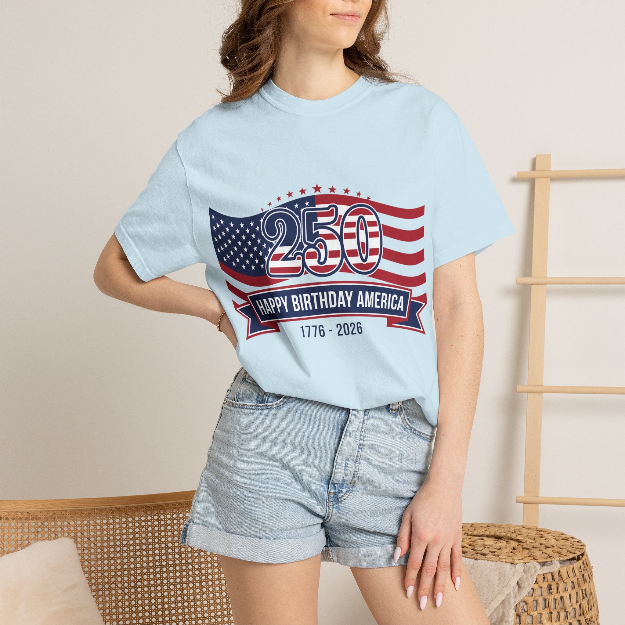 Red White and Blue shirt "250 Happy Birthday America 1776-2026" Patriotic Tee worn by a woman with shorts.