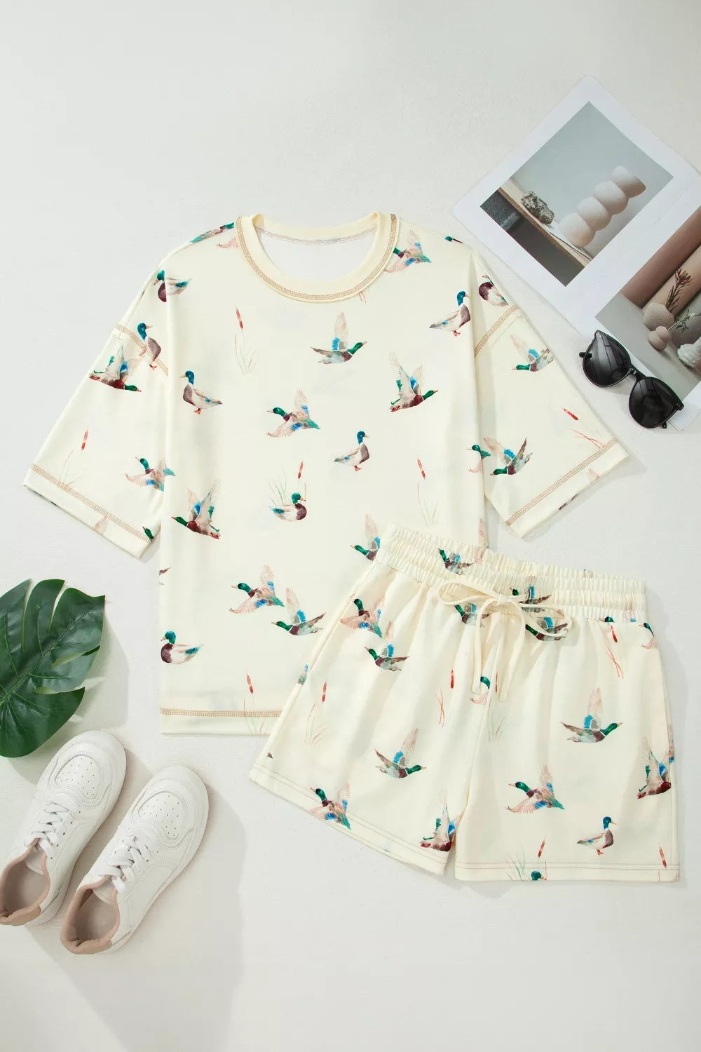 Mallard duck print tee set featuring oversized tee and drawstring shorts, perfect for casual wear.