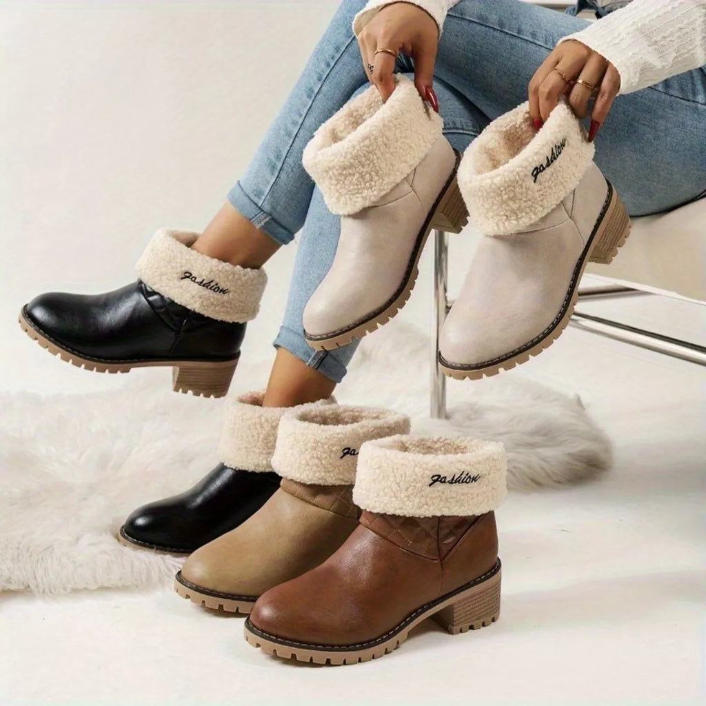 Stylish round toe block heels in black, beige, brown, and tan with cozy fur cuffs and block heels.