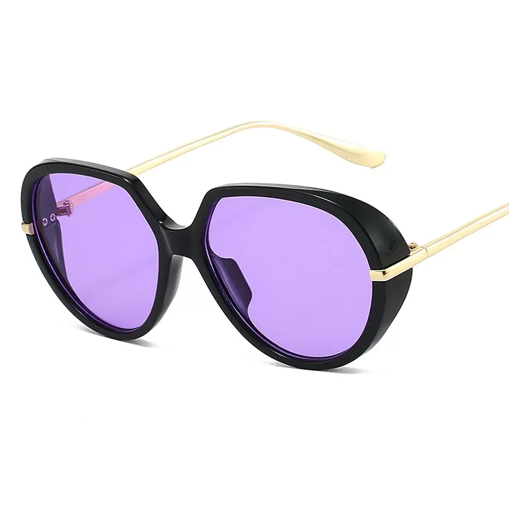 Oversized tinted sunglasses with purple lenses and black frame design.