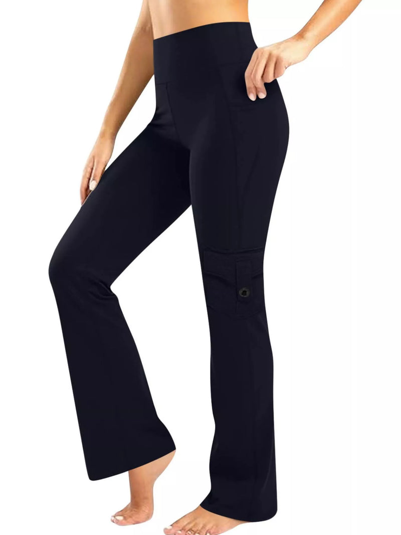 Yoga pants with pockets in black, high waisted, designed for comfort and style for workouts or lounging.