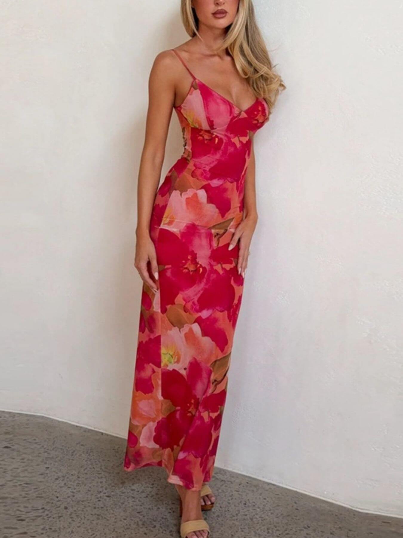 Floral Print Spaghetti Strap Bodycon Maxi Dress in vibrant pink floral design, perfect for any occasion.