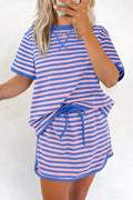 Short Sleeve Tee and Shorts Set in pink and blue stripes, perfect for comfortable summer wear.