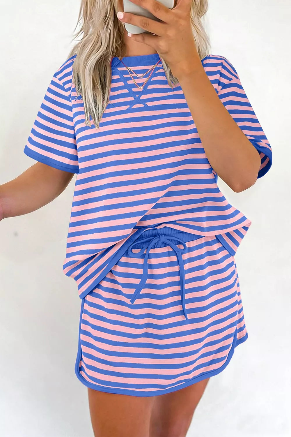 Short Sleeve Tee and Shorts Set in pink and blue stripes, perfect for comfortable summer wear.