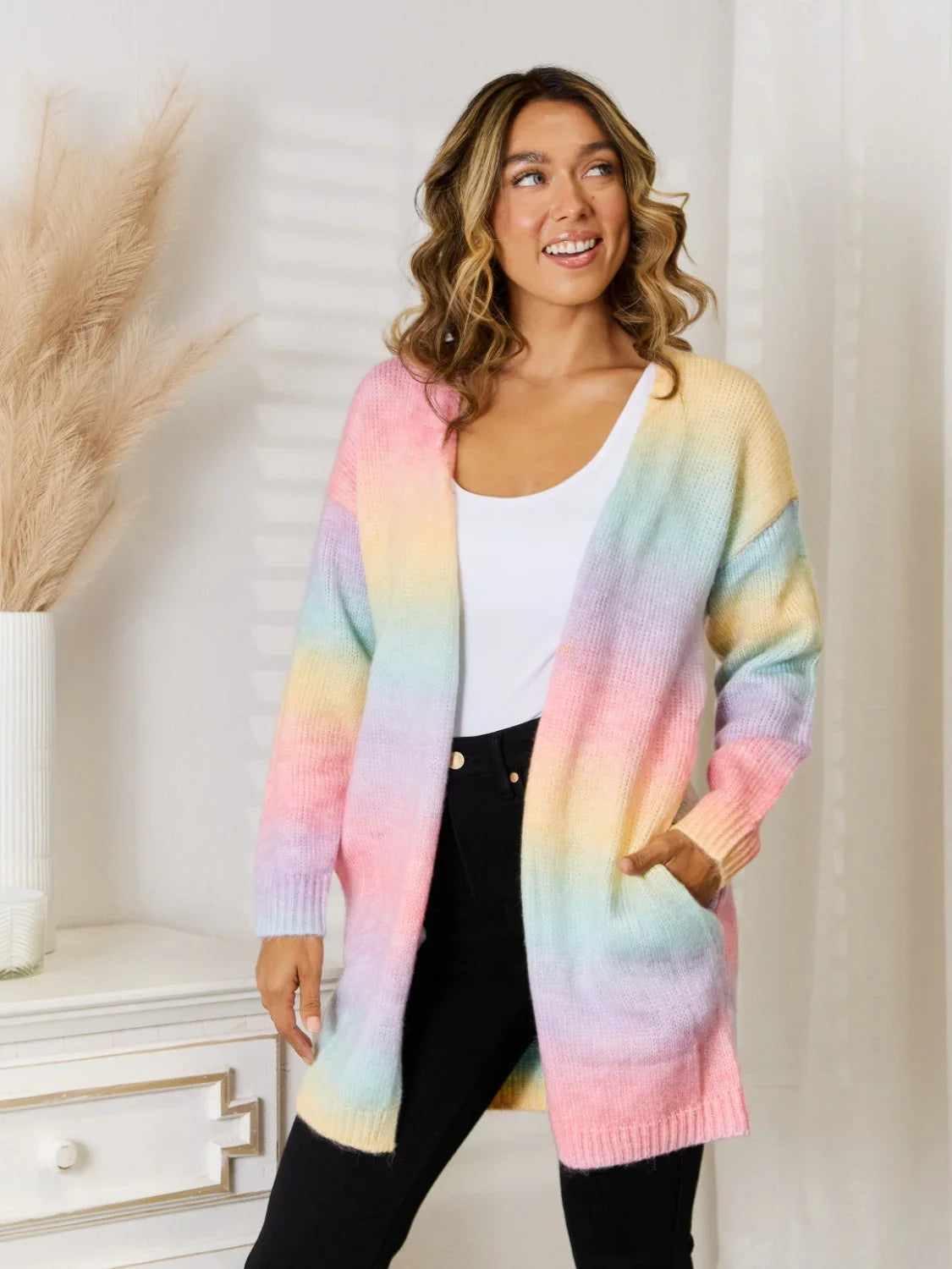 Angel Wings Gradient Open Front Cardigan – Full Size, Stylish Women’s Layering Sweater worn by a young woman with a joyful smile.