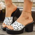Block Heel Sandals Sweetheart Print featuring playful black heart design and stylish block heel for effortless chic.