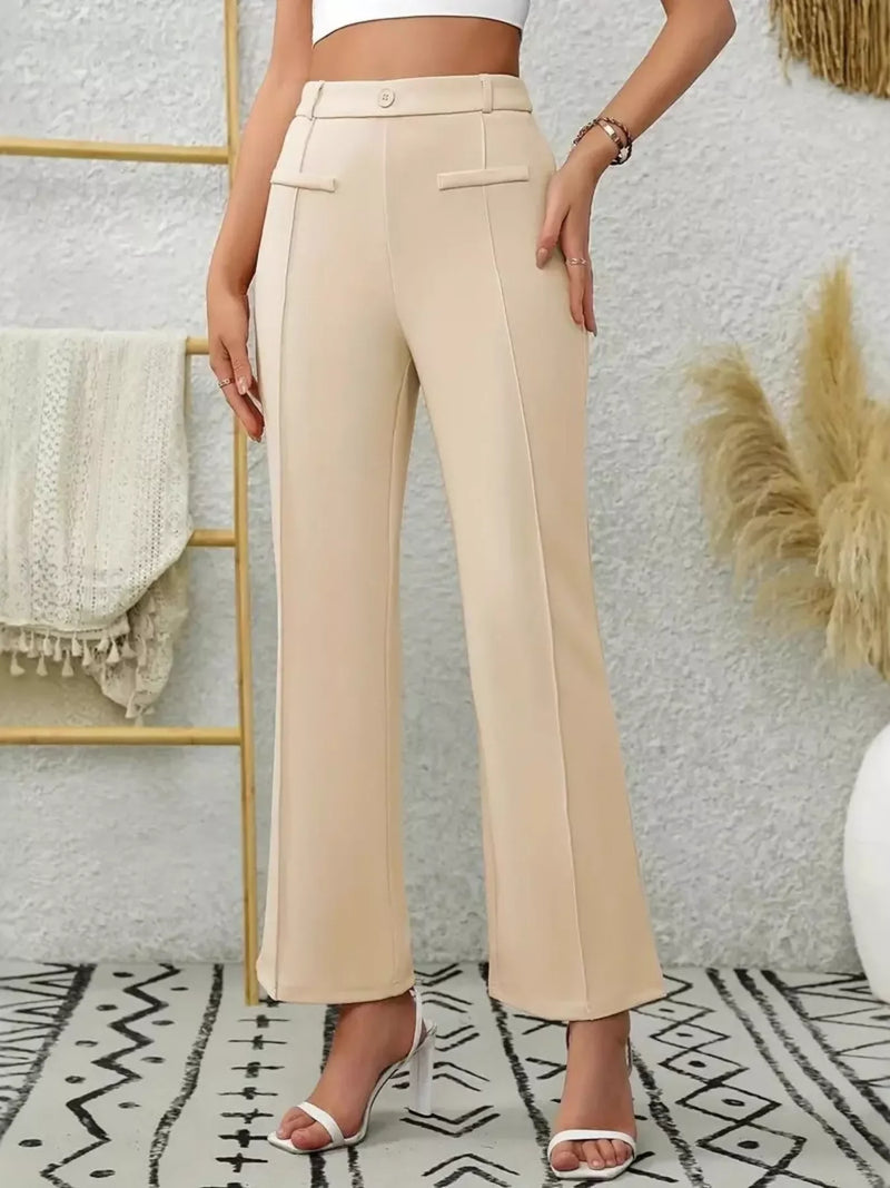 Light Beige High Waist Flare Pants – Chic Women’s Trendy Wide Leg Trousers displayed on model with stylish footwear.