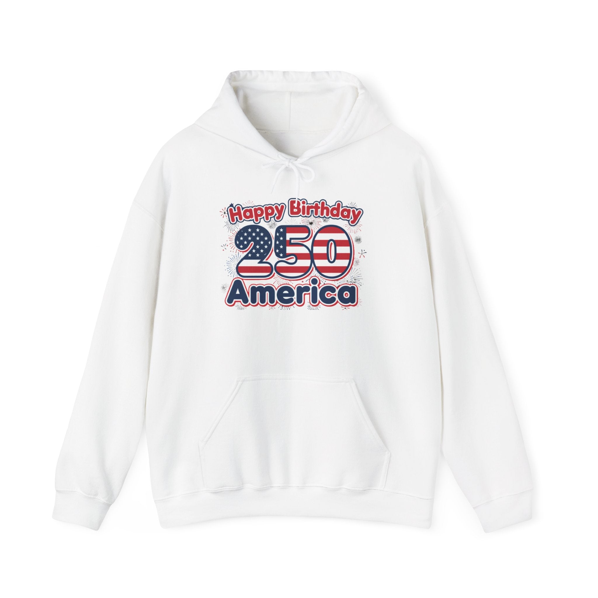 Happy Birthday 250 America Patriotic Anniversary Hoodie with bold artwork and stars and stripes design.
