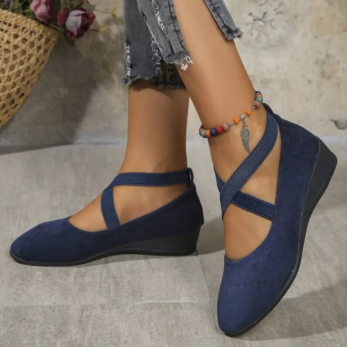Round Toe Wedge Loafers in navy color with stylish straps, perfect for comfort and casual chic looks.