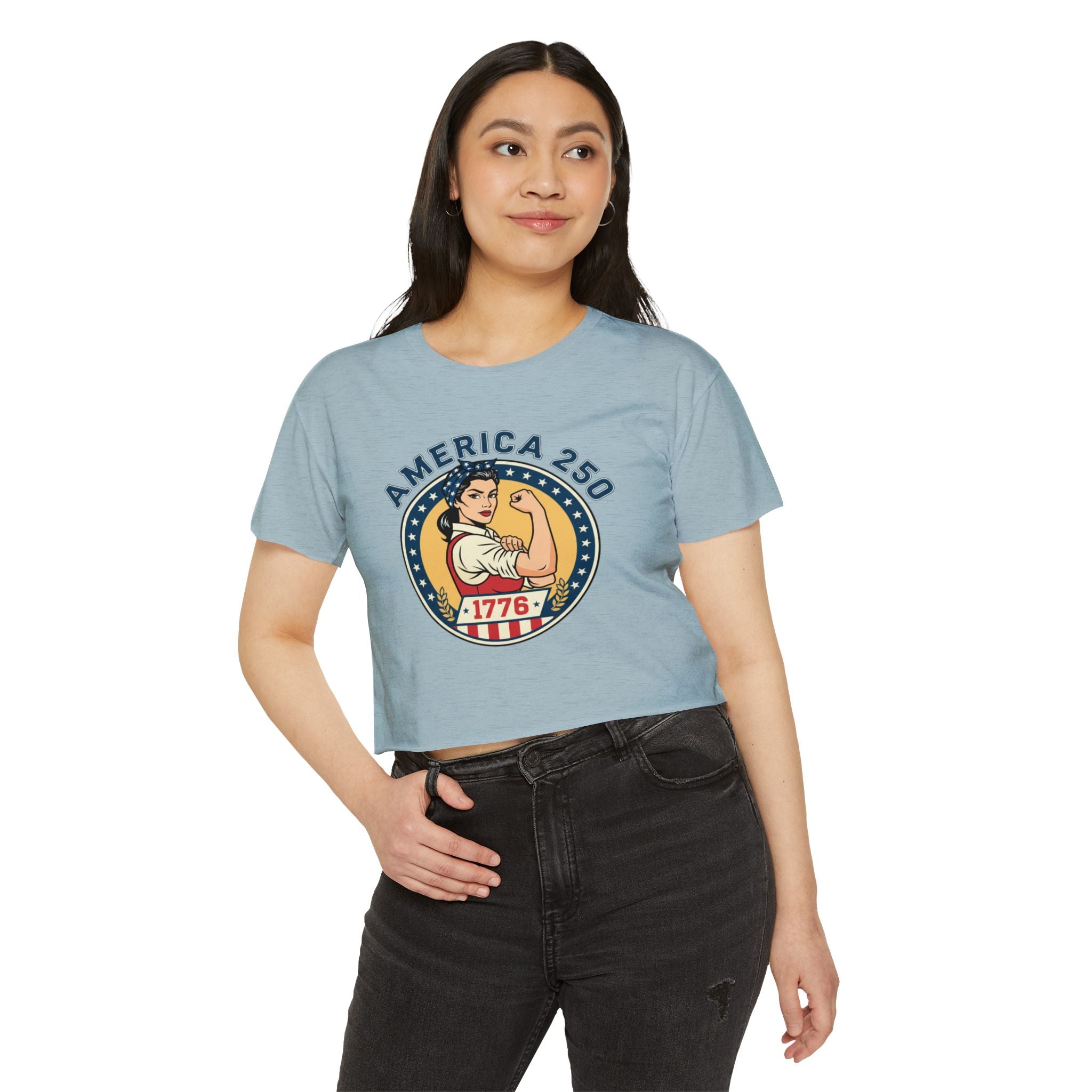 1776 Women's Clothing— 'America 250' Rosie-Inspired Patriotic Crop Top on a model showing a relaxed style.