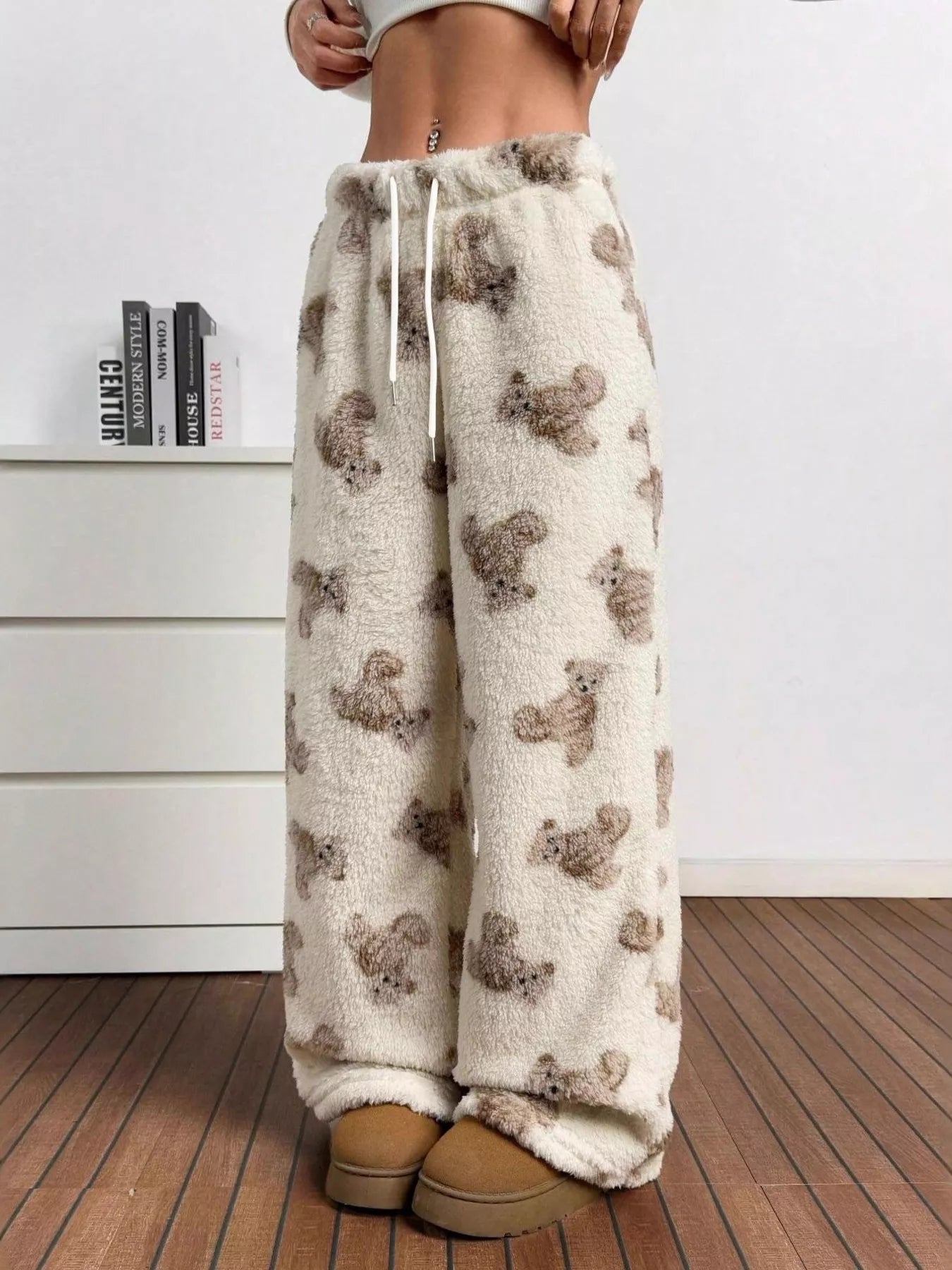 Teddy Bear Print Fluffy Pants featuring a cozy teddy bear pattern, perfect for comfortable loungewear.