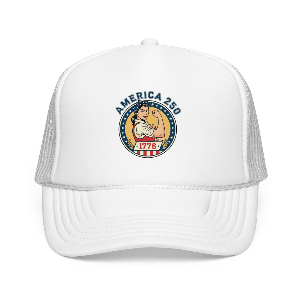 America 250 trucker hat featuring a vintage-style emblem and classic patriotic colors.