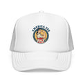 America 250 trucker hat featuring a vintage-style emblem and classic patriotic colors.
