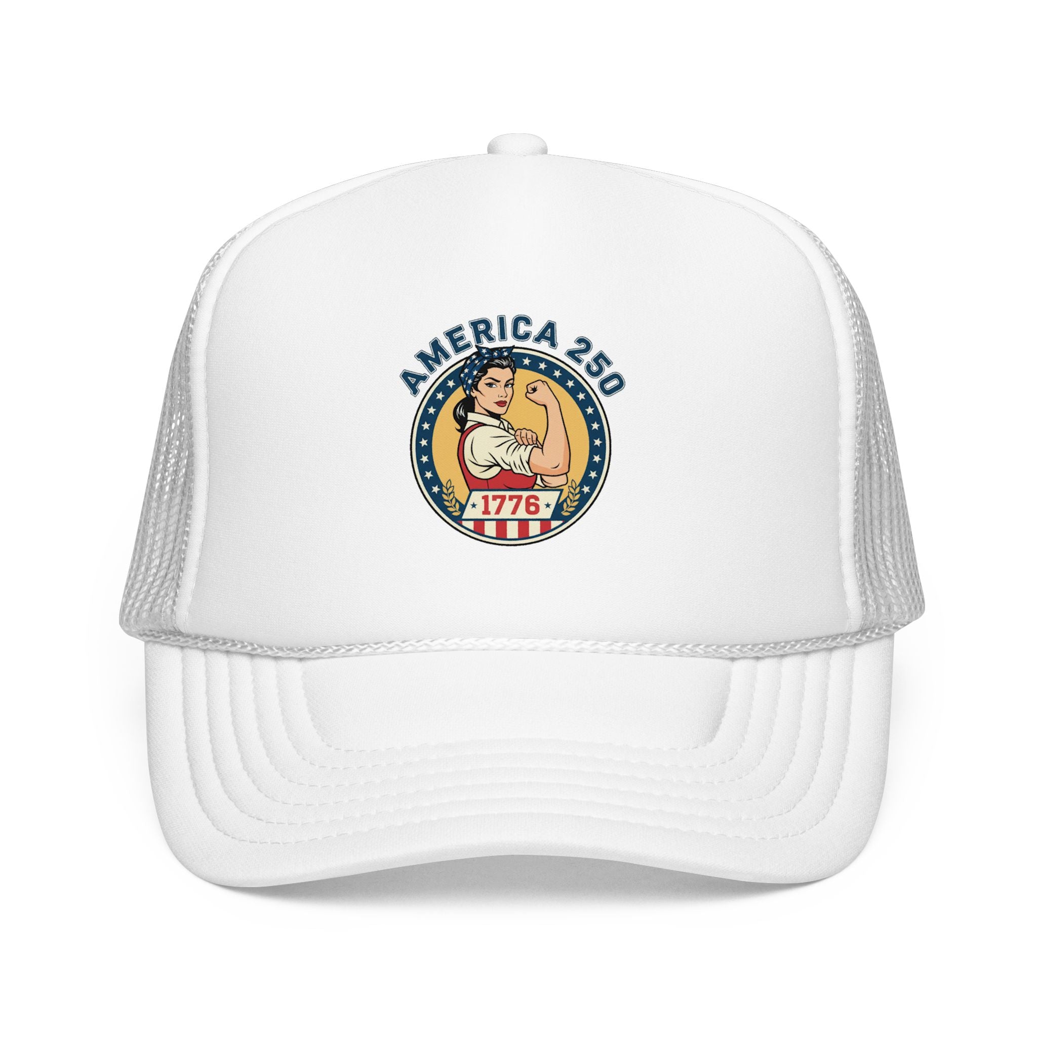 America 250 trucker hat featuring a vintage-style emblem and classic patriotic colors.