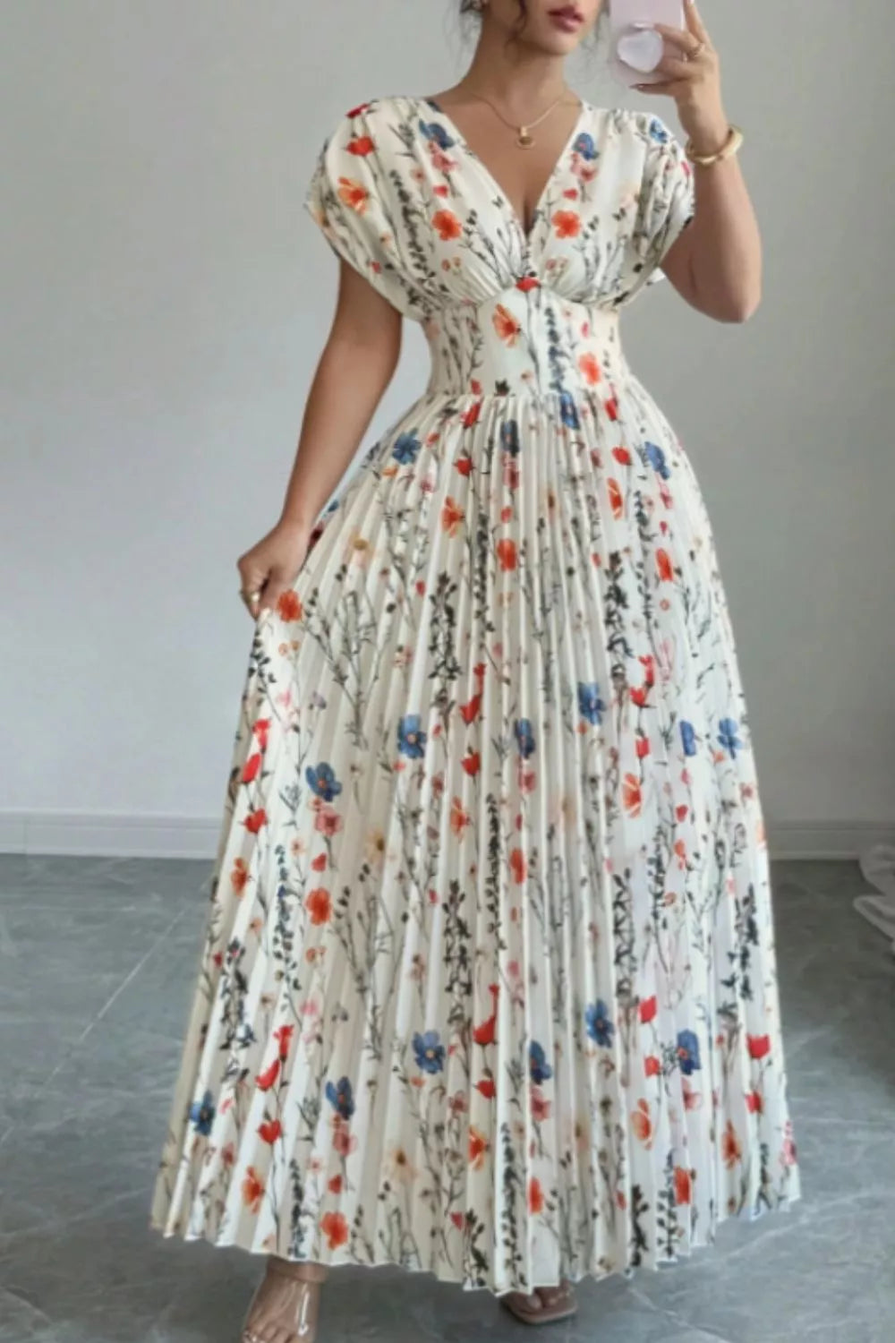 Floral Dress for Women Pleated Maxi Dress featuring a floral print and graceful drape, perfect for any special occasion.