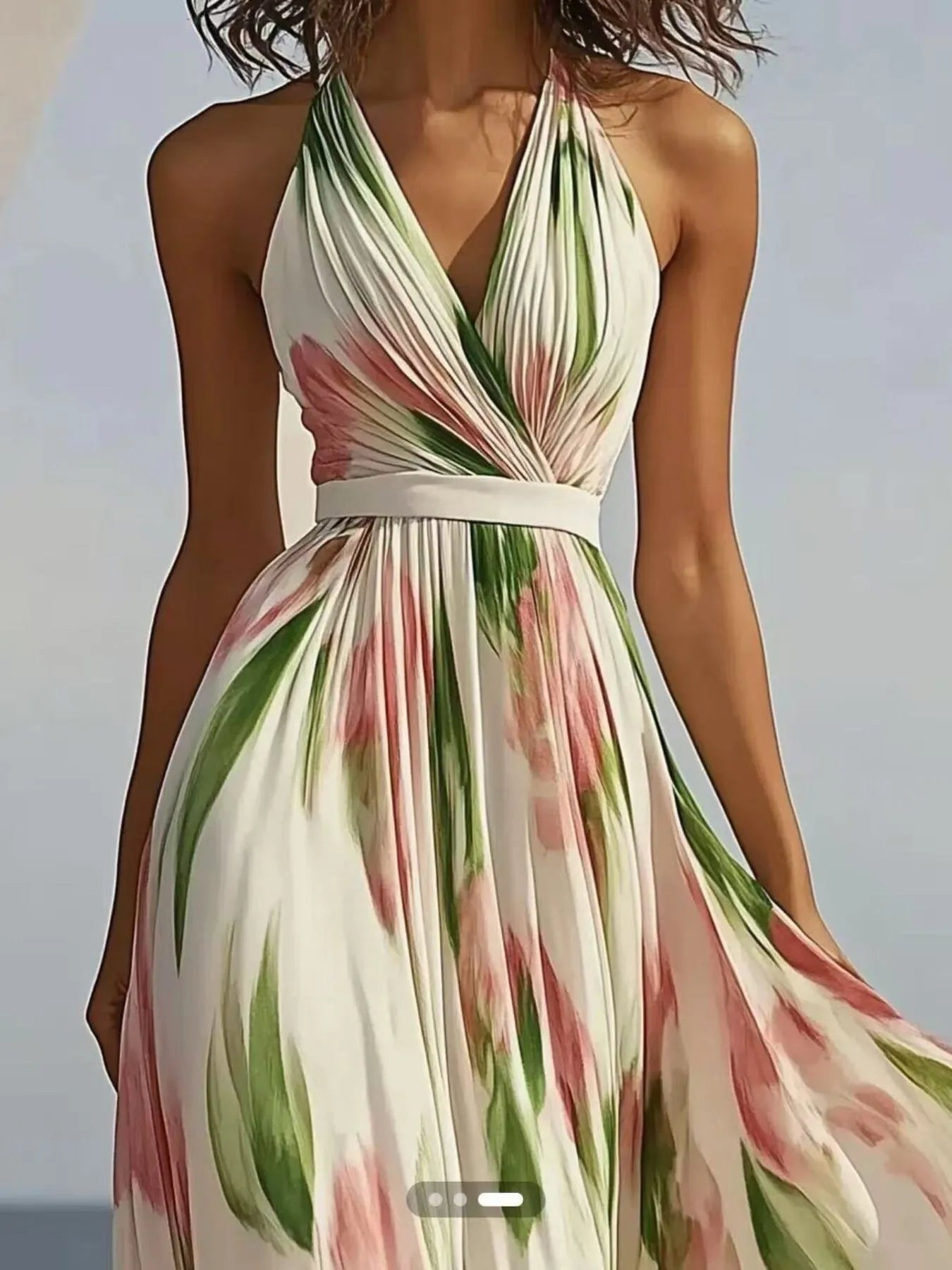 Floral Print Halter Neck Maxi Dress featuring a flattering halter neckline and vibrant floral design, perfect for sunny days.