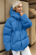 Pocketed Zip Up Hooded Puffer Jacket – Women’s Warm Winter Outerwear in stylish blue color, featuring a cozy puffer design.