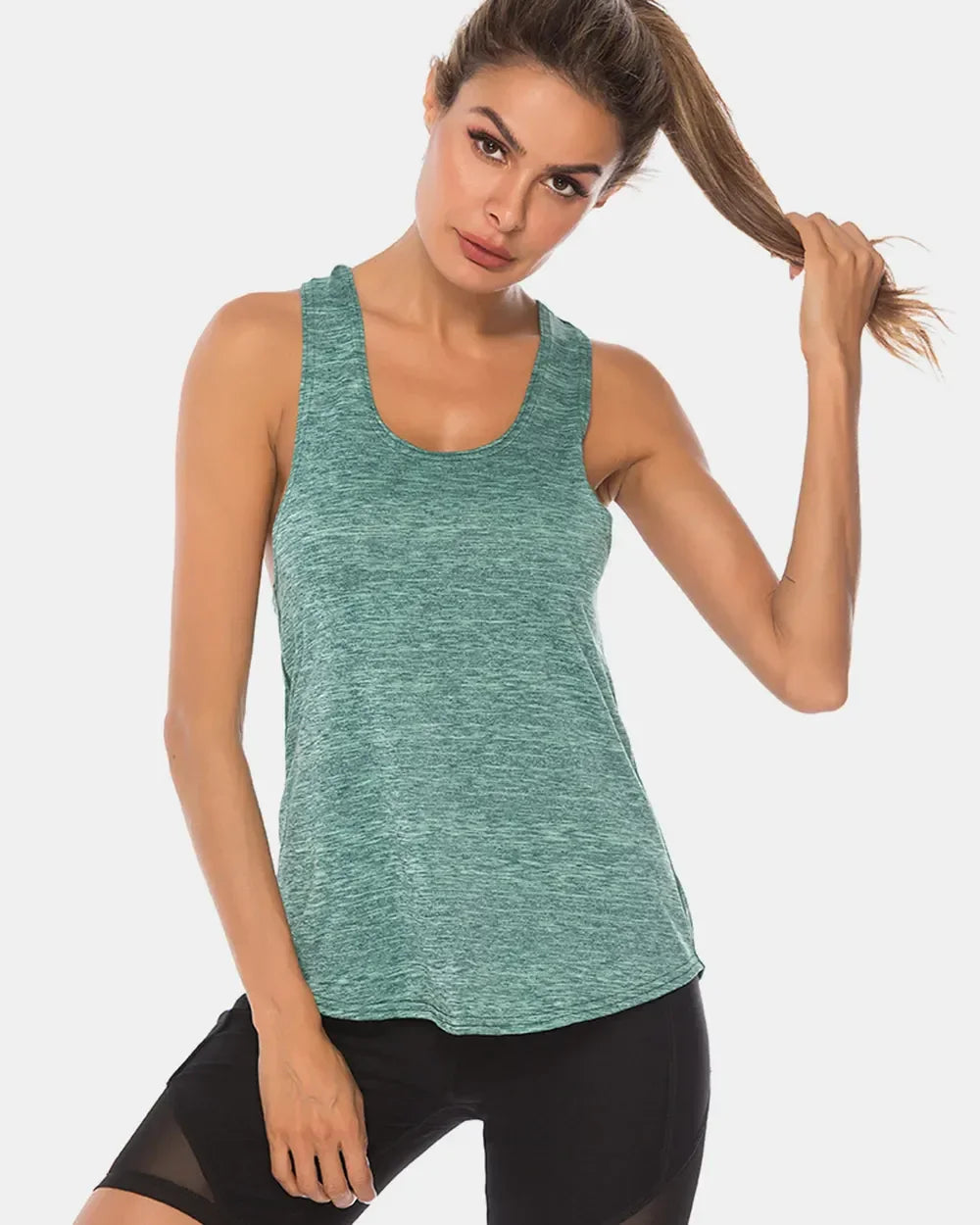 Full Size Scoop Neck Wide Strap Active Tank – Women’s Plus Size Workout Top (S–4XL) in green worn by a model.