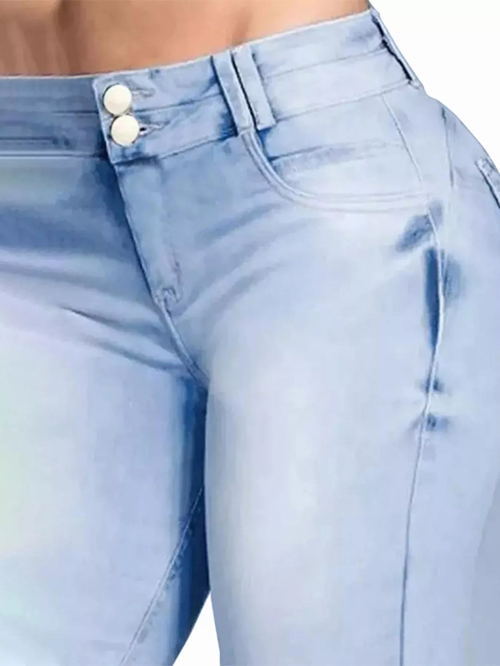 Plus size flare denim jeans featuring a buttoned waist in a light blue wash, highlighting a stylish and comfortable fit.